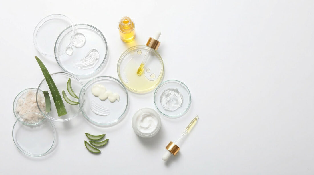 Cosmetic formula development — petri dishes with active ingredients at the Acnova laboratory